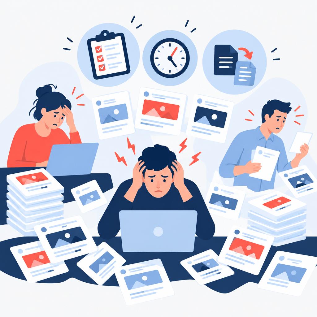 Flat-vector illustration of manual posting tasks and editorial friction before automation.