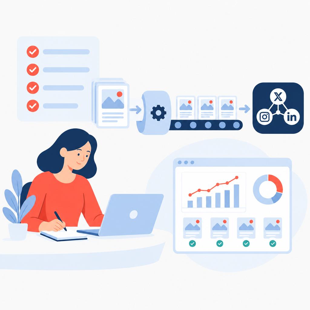 Flat-vector illustration of a calm workflow after automation with automated publishing and monitoring.