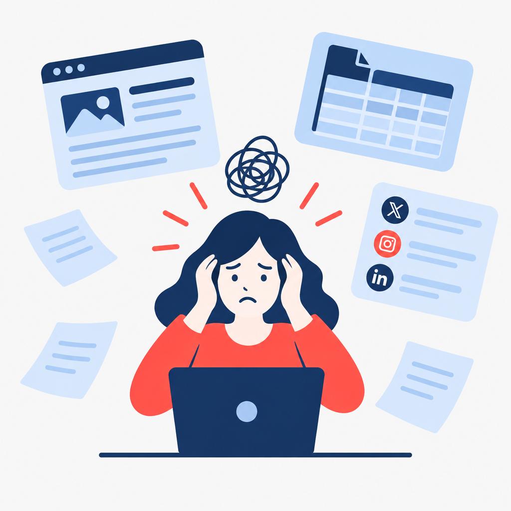 Illustration of dispersed content sources and a marketer facing manual posting challenges