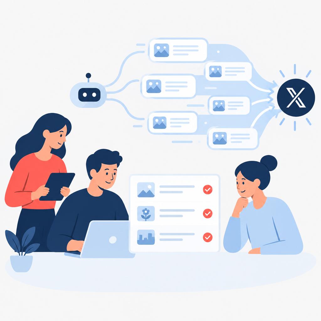 Illustration of a small approval queue and automated post stream publishing to X (Twitter)