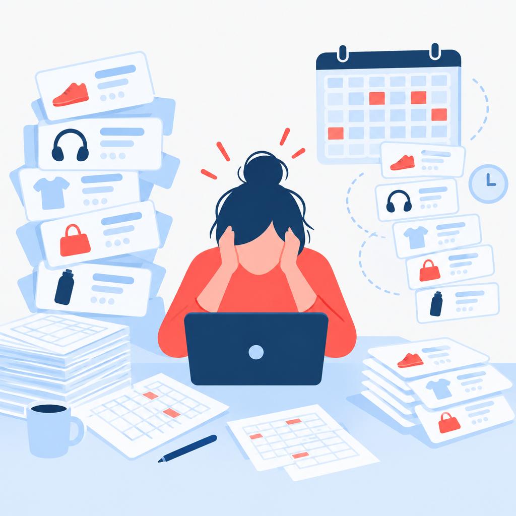 Flat‑vector illustration of a busy marketing desk with many product cards and spreadsheets showing the manual workload before automation
