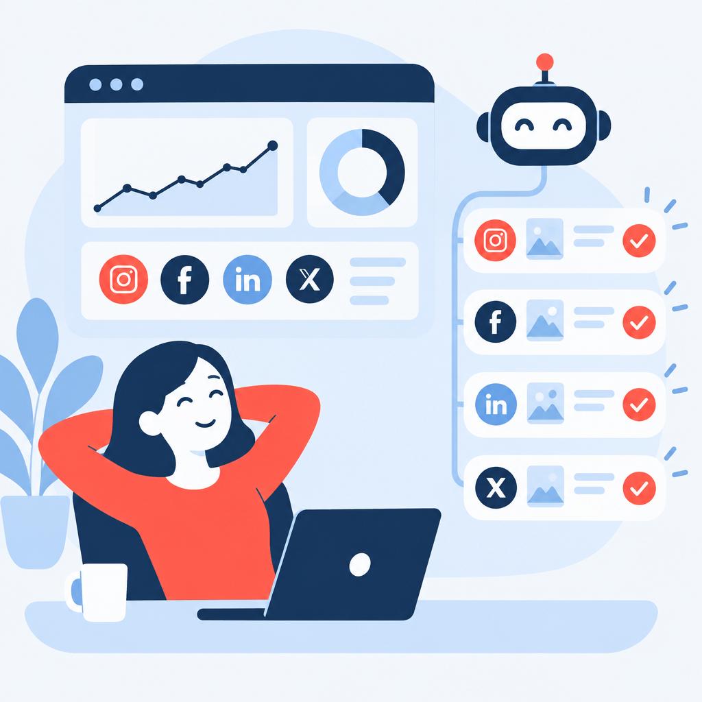 Flat‑vector illustration of a calm automation dashboard with published post ticks and social channel icons representing the after state