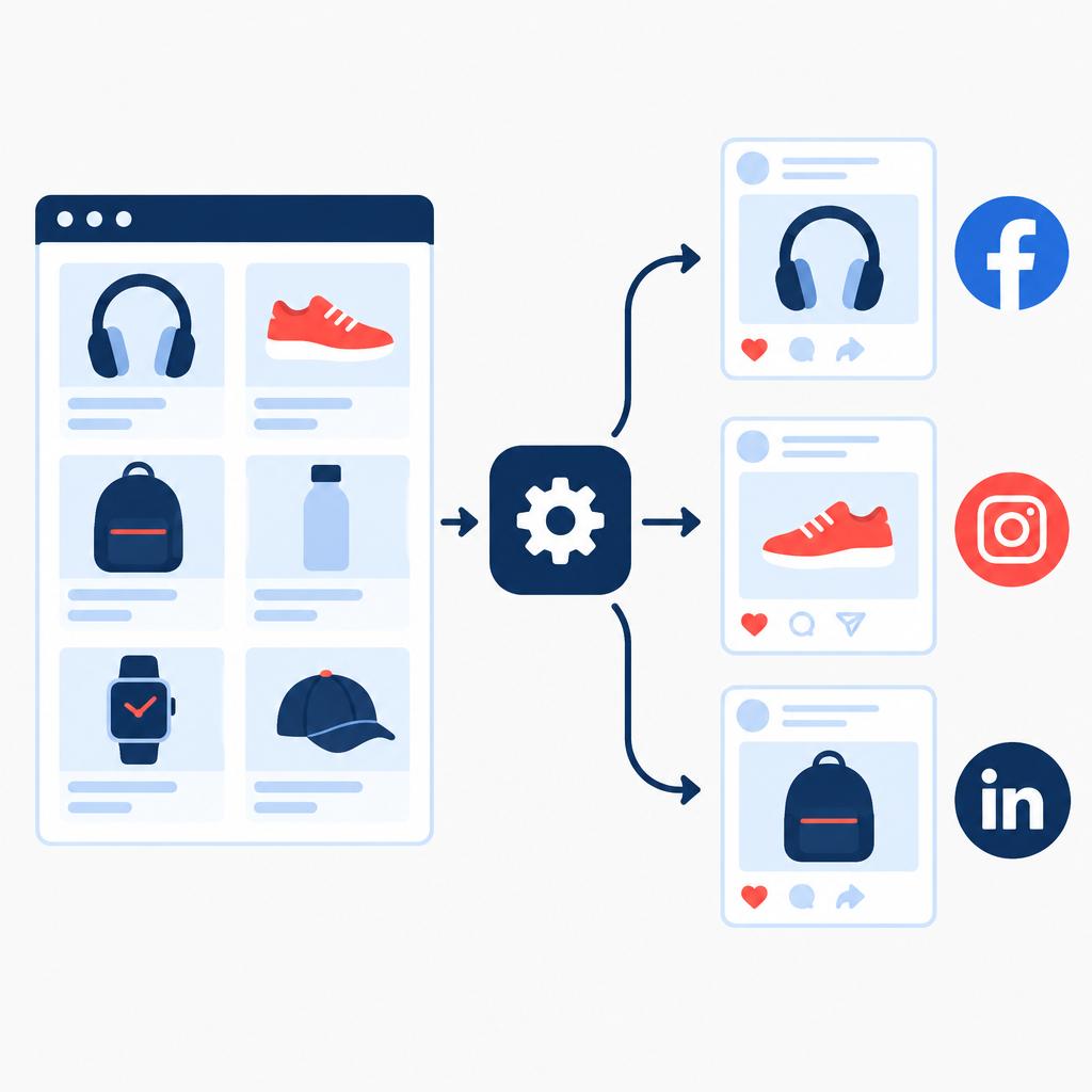 Stylized flat‑vector illustration showing automated product posts flowing from a product catalog to social channels