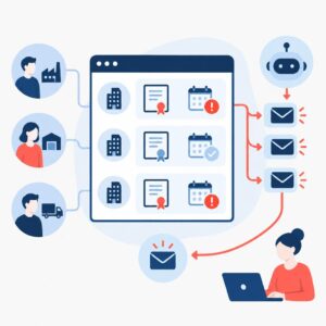 Flat-vector illustration showing a dashboard monitoring supplier certificates with calendar expiry markers and automated message icons.