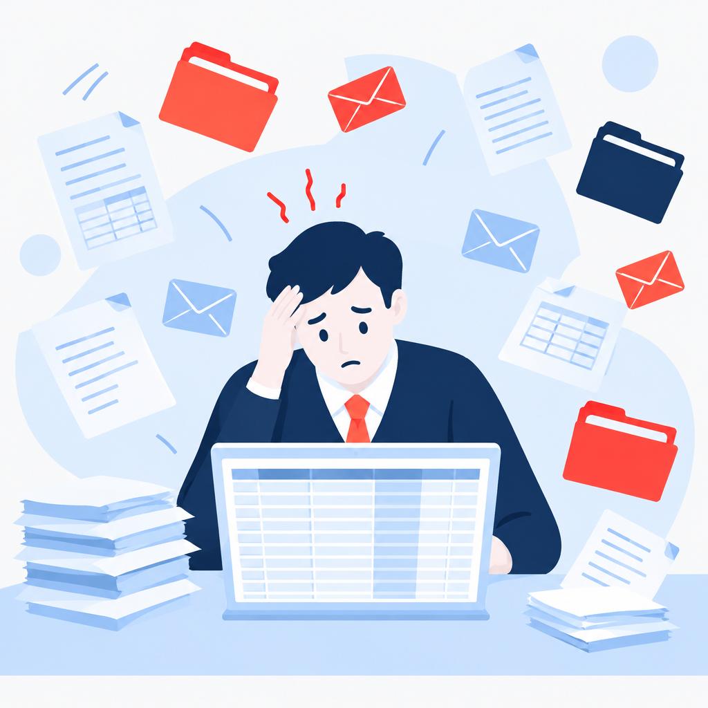 Illustration of scattered supplier documents and a stressed procurement person looking at a spreadsheet.