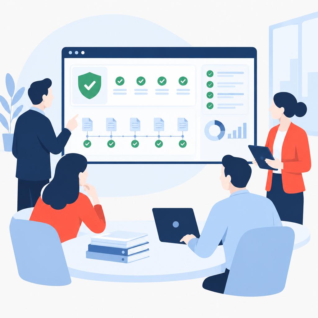 Illustration of a calm team viewing a consolidated compliance dashboard with green check marks.