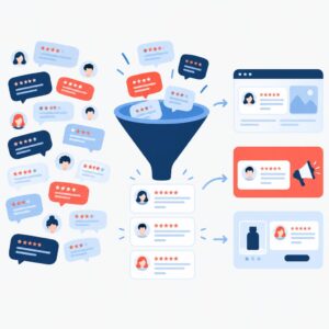 Flat vector illustration showing reviews being transformed into short marketing snippets and delivered to a content feed.