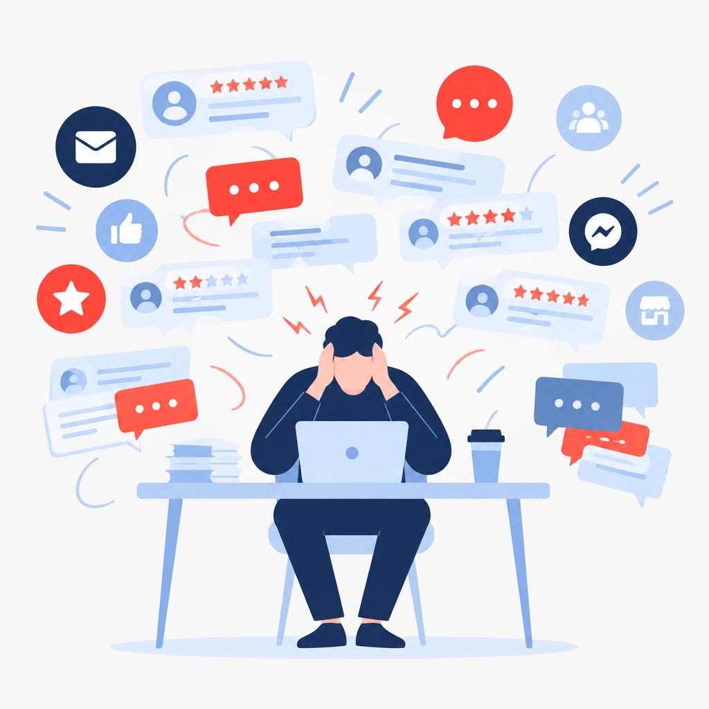 Flat vector illustration of scattered review messages and stars accumulating across platforms.