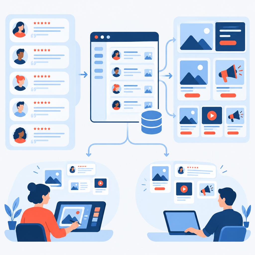Flat vector illustration of organised testimonial cards flowing into a content feed and creative stack.