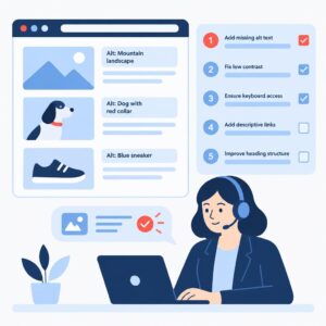 Flat vector illustration showing an automated accessibility check for a website with highlighted images and task list.