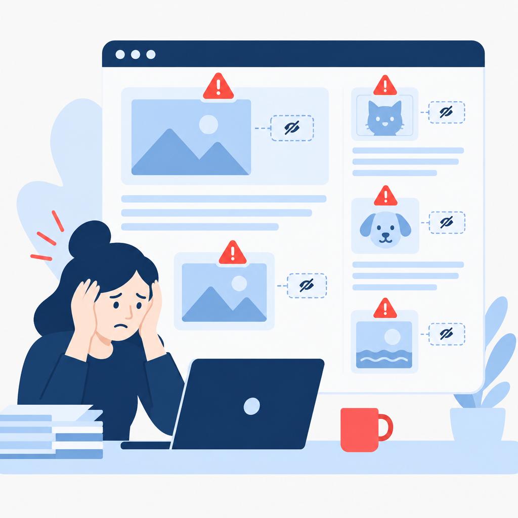 Flat vector illustration of a webpage with missing image alt text and warning icons indicating accessibility problems.