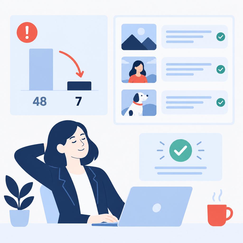 Flat vector illustration of a clean dashboard showing approved alt-text suggestions and a reduced backlog of accessibility tasks.