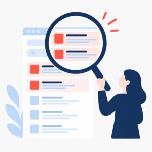 Illustration vectorielle de style « flat » représentant une loupe mettant en évidence les éléments pertinents dans une liste bien organisée, afin d'illustrer l'amélioration de la pertinence des résultats de recherche sur un site web.