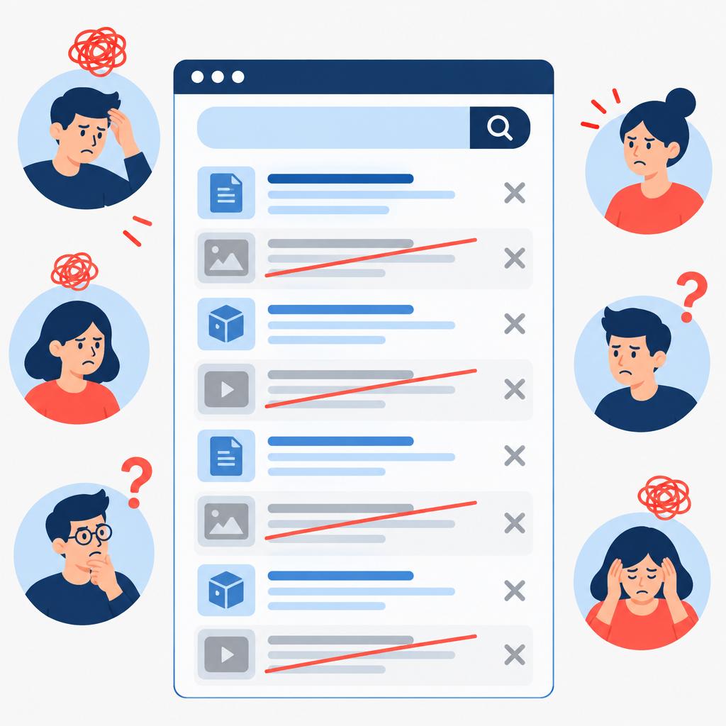 Illustration de style « flat-vector » représentant une liste de résultats de recherche désordonnée et des utilisateurs frustrés, illustrant la situation antérieure caractérisée par une faible pertinence.