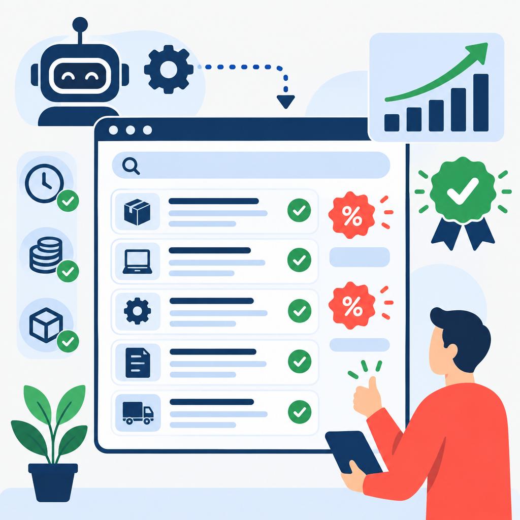Illustration vectorielle « flat » représentant une liste de résultats de recherche bien organisée et mise en valeur, avec une personne validant les modifications, symbolisant l'état final et le contrôle opérationnel.