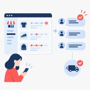 Illustration showing a WooCommerce storefront sending branded SMS order updates to customers