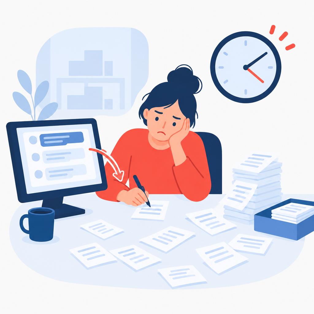Illustration du traitement manuel des notifications relatives au statut des commandes : un employé assis à son bureau, entouré de bons de commande et d'une horloge, l'air stressé.