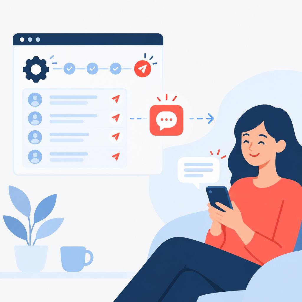 Illustration d'un processus automatisé d'envoi de SMS : un tableau de bord gérant l'envoi de SMS et un client ravi de recevoir une notification sur son téléphone.