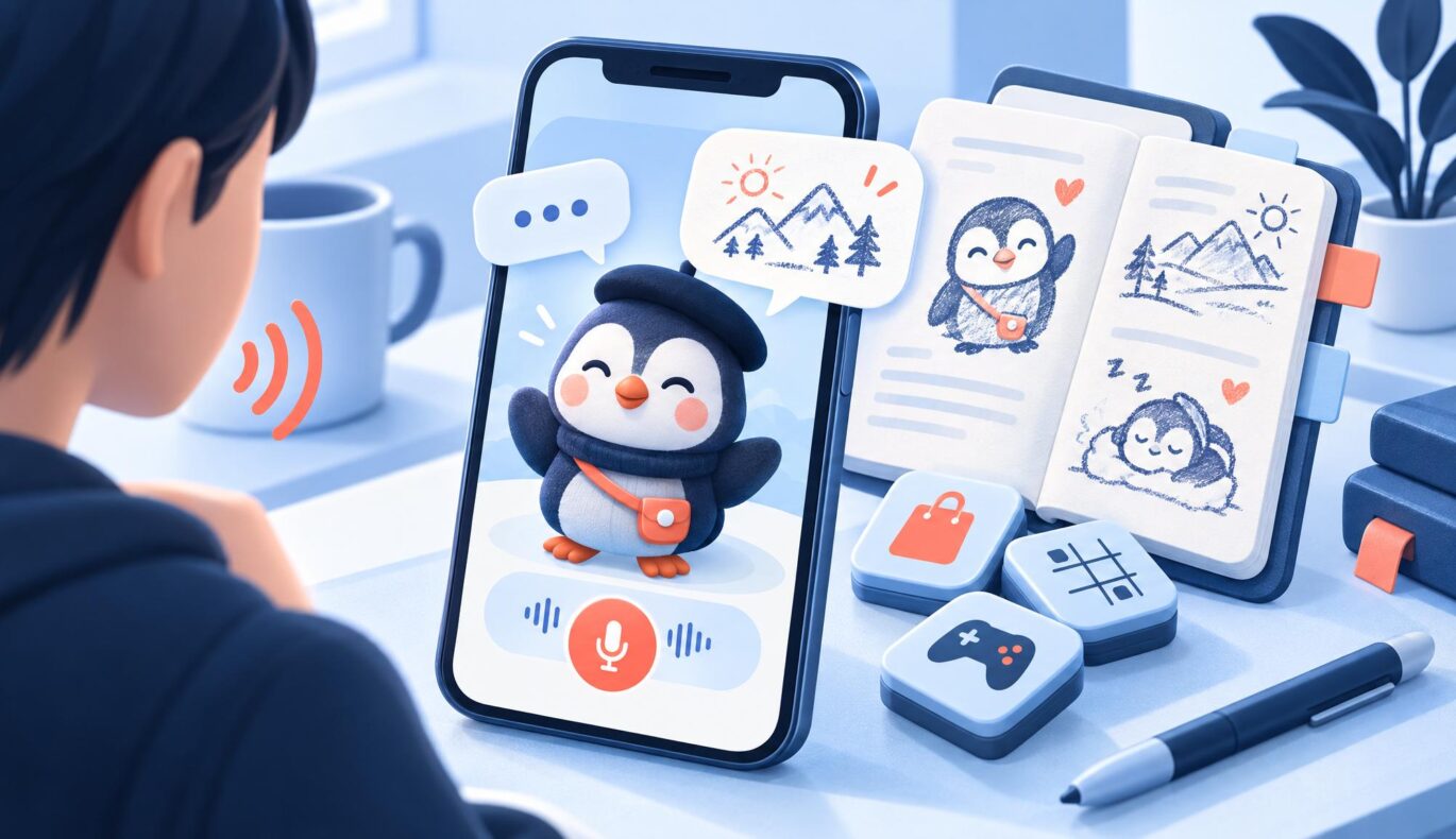 Meta wprowadza na rynek „Waddle World” – dziennik o zwierzętach oparty na sztucznej inteligencji, zawierający rozmawiające stworzenia i rysunki — ilustracja redakcyjna przedstawiająca niestandardową technologię