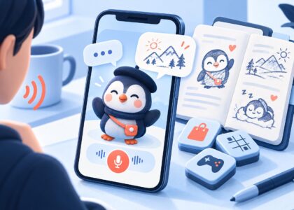 Meta bringt „Waddle World“ auf den Markt, ein KI-Haustier-Tagebuch mit sprechenden Kreaturen und Kritzeleien – redaktionelle Illustration zur maßgeschneiderten Technologie