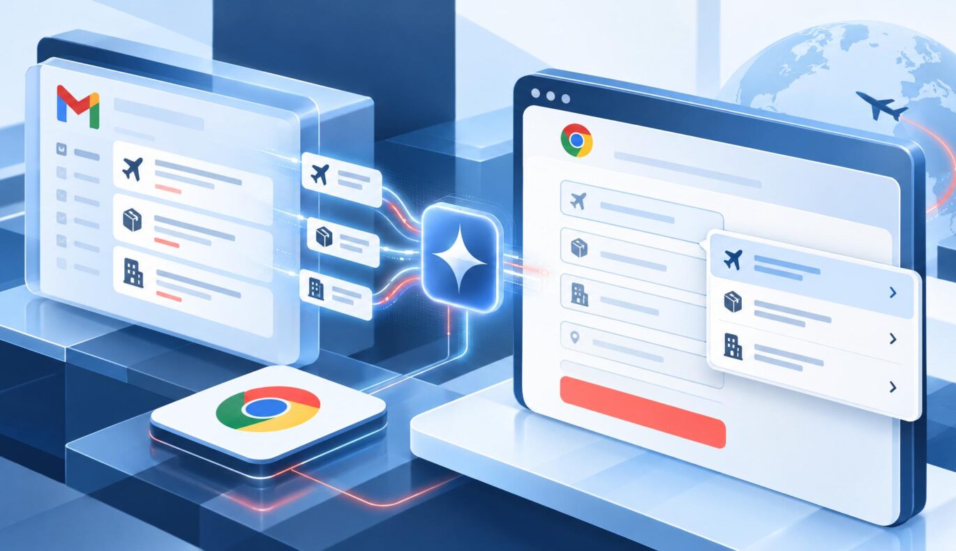 La función «Autocompletar mejorado» de Chrome utiliza Gemini para extraer información de Gmail y rellenar formularios — ilustración editorial de tecnología personalizada