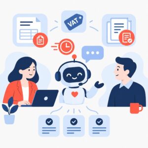 Flat vector illustration showing an AI assistant guiding accounting staff and clients with friendly icons and document flows