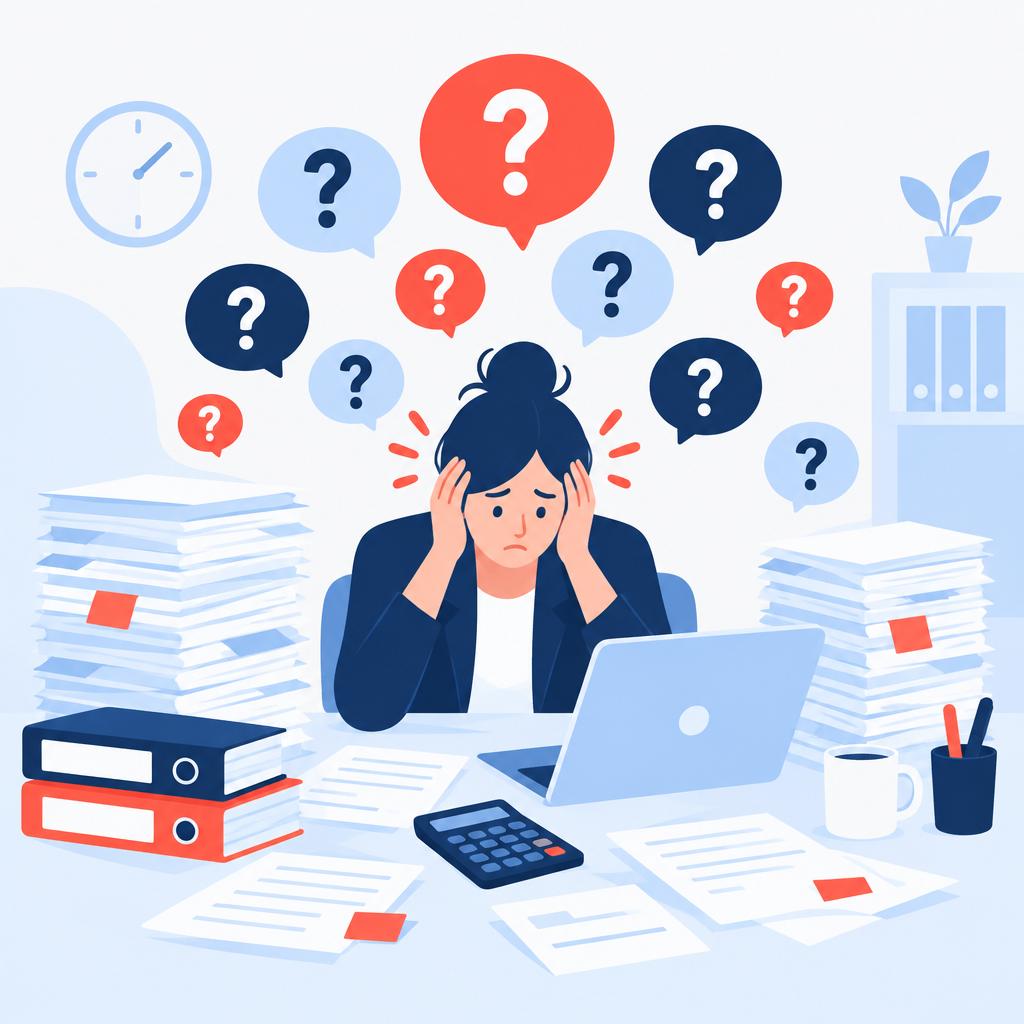 Illustration vectorielle de style « flat » représentant une équipe comptable débordée, avec de nombreuses icônes représentant des questions répétées des clients et des documents empilés