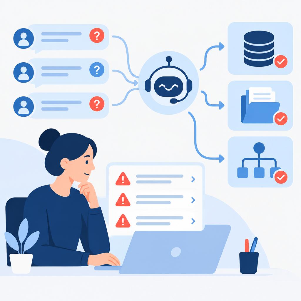 Illustration vectorielle minimaliste représentant un processus de travail fluide, dans lequel un assistant IA traite les questions courantes et transmet les cas exceptionnels au personnel