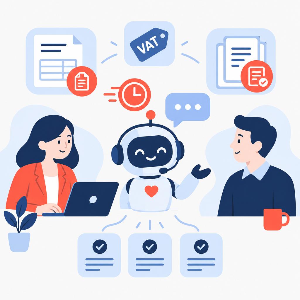 Illustration vectorielle de style « flat » représentant un assistant IA accompagnant le personnel comptable et les clients à l'aide d'icônes conviviales et de flux de documents