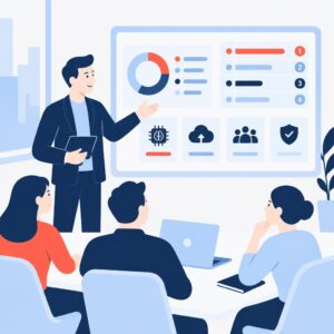 Illustration, die einen Berater und ein Business-Dashboard zeigt, das ein Audit zur KI-Bereitschaft und eine nach Prioritäten geordnete Automatisierungs-Roadmap darstellt.