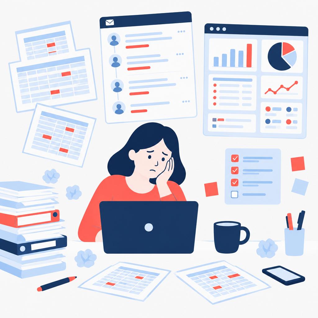 Illustration of the business challenge before automation: spreadsheets, emails and manual task lists.